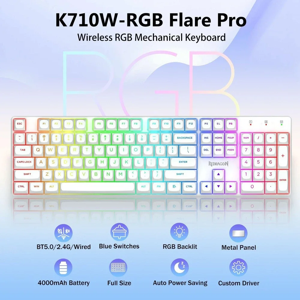 Redragon Flare Pro K710W-RGB Wireless Mechanical Gaming Keyboard White Blue